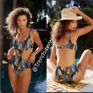 Anthropologie Solid & Striped Cutout One Piece Swimsuit Black Green Large NWT